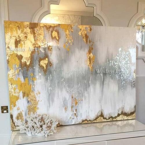 Large Handmade knife abstract oil painting Gold Gray White gorgeous abstract Painting home Decor Oil Paintings for living room
