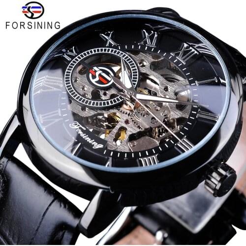 Forsining Fashion 3D Hollow Engraving Design Full Black Skeleton Clock Luminous Hands Mens Mechanical Watches Top Brand Luxury