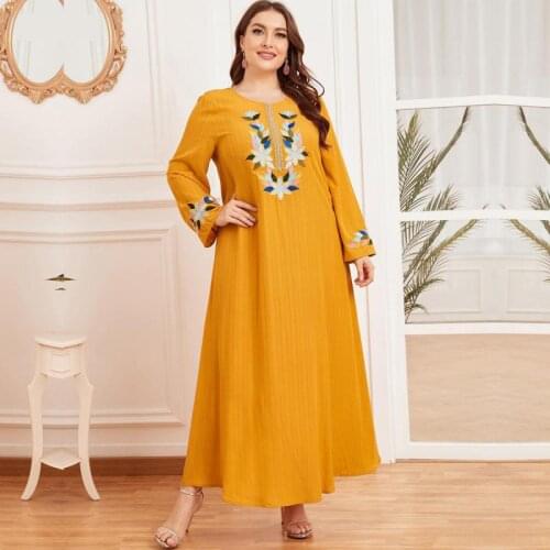 Dubai Abaya Oversized Womens Embroidered Long Sleeve Pleated Ethnic Yellow Printed Casual Round Neck Muslim Long Skirt