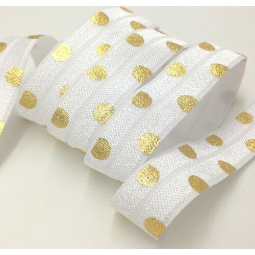 5 Yards 5/8 White Gold metallic Big Polka dots printed Fold over Elastic rope, DIY Hair elastic Sewing accessories