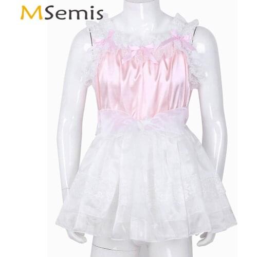 Mens Sissy Erotic Cosplay Mini Babydolls Sexy Ruffled Lace Satin Tulle Night Dress Male Gay Cute Bowknot Lenceria Dress Clubwear
