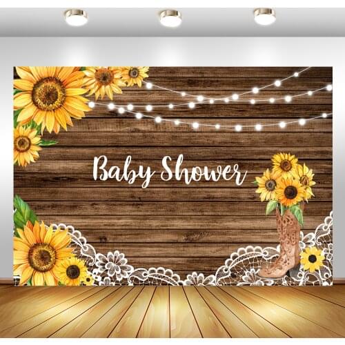 Sunflower Rustic Wood Baby Shower Backdrop White Lace Rural Style Baby Shower Party Decorations Banner Photo Background