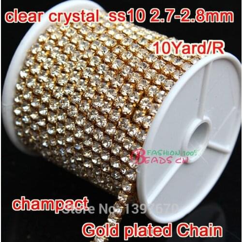 HOT clear glass Rhinestones cup Chain 1Row 2.8mm Ss10 stones 10 Yards/Lot Gold Metal compact base for Wedding Dress Crystal