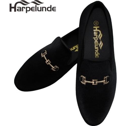 Harpelunde New Arrival Men Dress Shoes Black Velvet Loafers Gold Buckle Flats