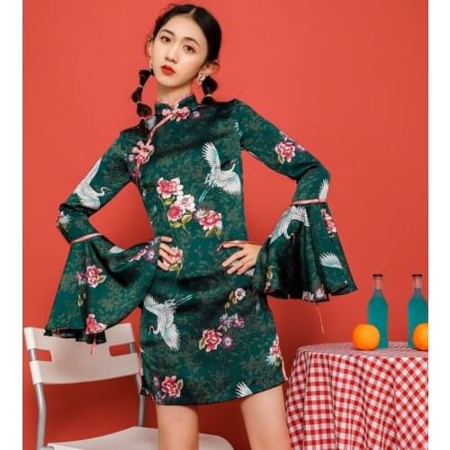 Crane Print Cheongsam Dress Modern Women Chinese Style Harajuku Retro Flared Sleeves Sexy Qipao Robe Asian Vestido Chino Mujer