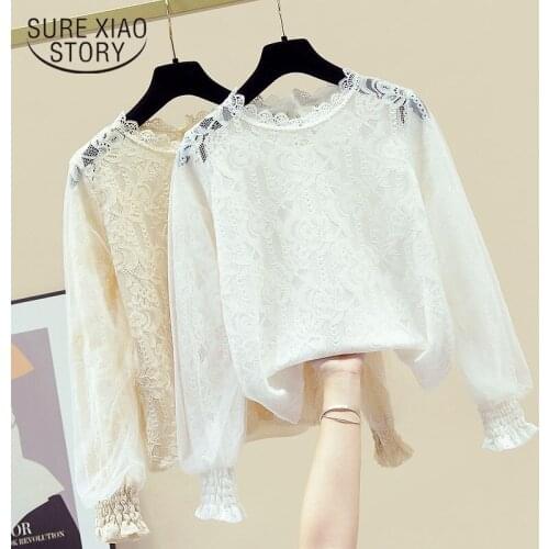 Fashion Button Transparent Mesh White Shirt Female Sweet Women Lace Blouse See-through Lantern Long Sleeve Blouse Blusas 11142