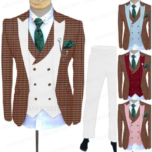 2021 Brand New Designs Burgundy Plaid Suit Men with white Vest Pants Custom Slim fit Blazer Groom Wedding Dinner Dress Tuxedo