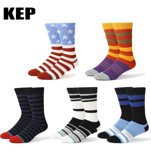 KEP New Trend Fashion Harajuku Combed Cotton Mens Socks Cool Hip Hop Stripe Skate Funny Happy Wedding Socks Business Socks Gift