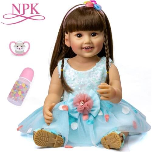 NPK 55CM reborn girl full body silicone gift fashion doll blue skirt lifelike real soft touch wig hair