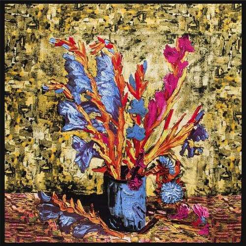 POBING 100% Silk Scarf Women Large Shawls Floral Oil Painting Stoles Square Bandana Hijab Luxury Kerchief Female Foulards 130CM