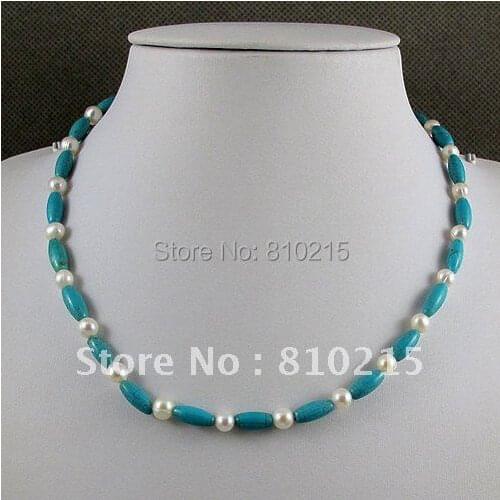 Stunning! AA 6-10MM White Color Freshwater Pearl & Blue Turquoise Necklace Fashion Womens Jewelry Wholesale Free Shipping A1548