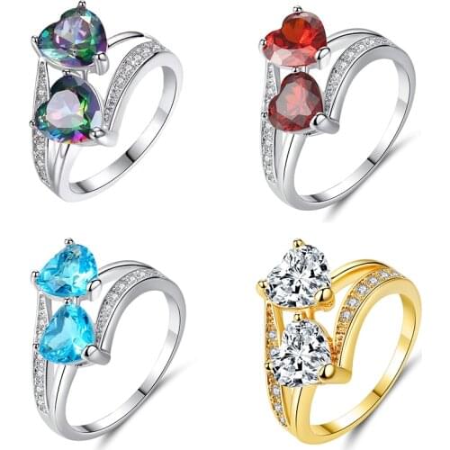Transparent Red Blue Tricolor Zircon Ring Girlfriend Birthday Present Glamour Couple Double Love Engagement Ring Female Ring