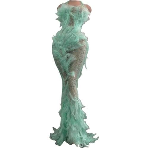 Sexy Mesh Green Rhinestones Feather Transparent Long Tail Dress Lady Elegant Wedding Evening Gown Formal Party Birthday Dresses