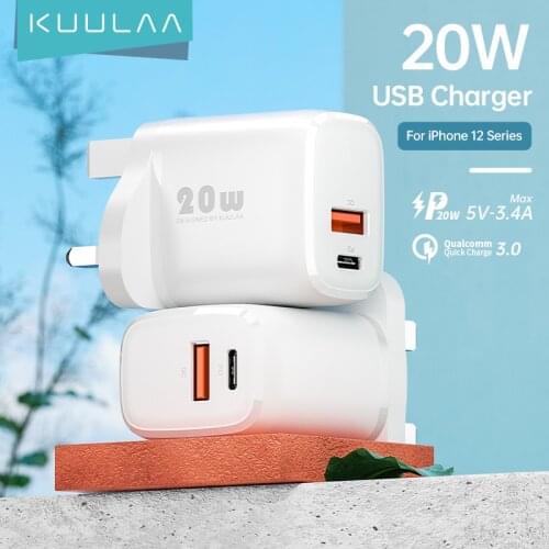 KUULAA UK Plug USB Charger PD20W Phone Adapter Wall Plug PD3.0 USBC Fast Charger For Xiaomi Travel Charging For iPhone 12 Series