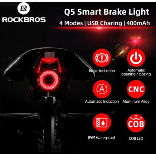 ROCKBROS Bicycle Smart Auto Brake Sensing Light IPx6 Waterproof LED Charging Cycling Taillight Bike Rear Light Accessories Q5