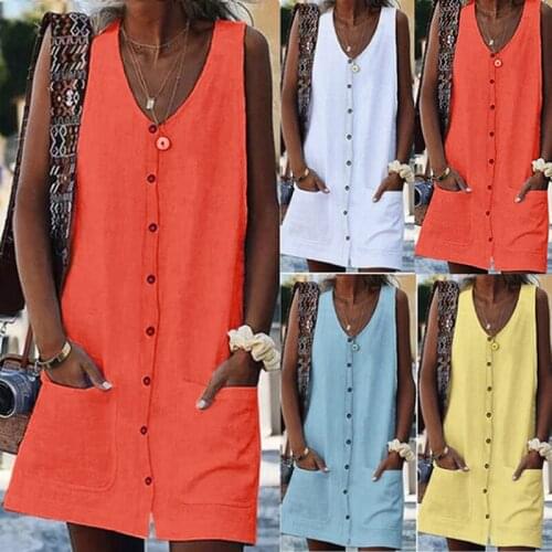 Vintage Orange Sundress Women Summer Dress 2021 Boho Style Sexy Dress Mini Button Pockets Solid Beach Dress Female