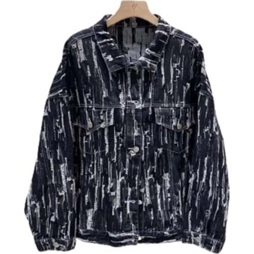 PERHAPS U Women Long-Sleeved Denim Jacket Black Frayed Solid Chic High Street C0412