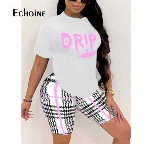 Echoine Summer 2021 Casual Outfits Ladies Printed Round Neck Short-sleeved T-Shirt Top With Shorts Two Piece Set Plus Size 5XL