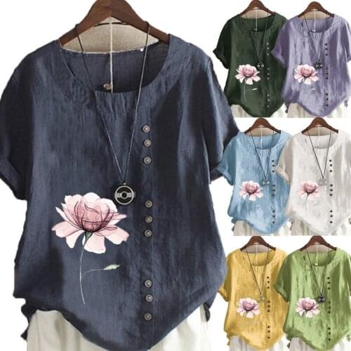 Womens New Fashion Linen Shirt Round Neck Short Sleeve Flower Printed T-shirt Summer Ladies Casual Plus Size Blouse Tops