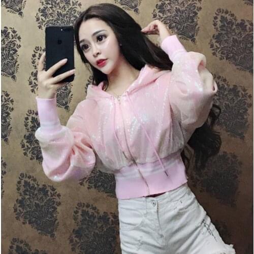 Womens small sequin jacket coat autumn pink clothes hooded casual wild long sleeve leak belly coat outdoor women overcoat