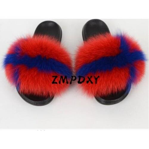 Womens Furry Fur Flip Flops Childrens/Kids Real Fox Fur slippers Ladies Fluffy Sandals Indoor Fluffy Plush Slides Travel Shoes