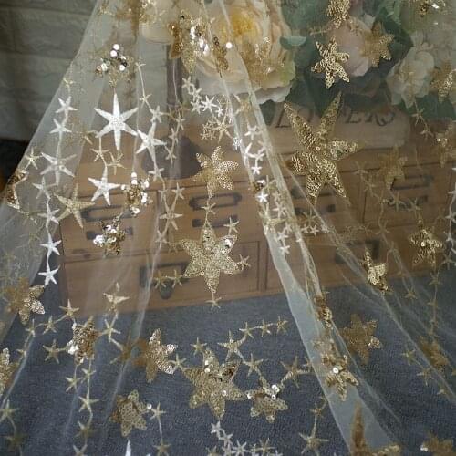 1Y/lot star embroidery lace mesh sequins fabric for evening dress garment accessories FT041 Freeshipping