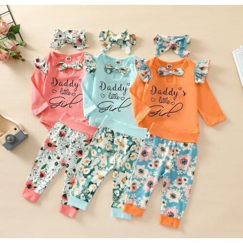 0-24M Cute Newborn Baby Girl Long Sleeve Cotton Bodysuit Tops Floral Long Pant Headband 3PCS Baby Clothing Set