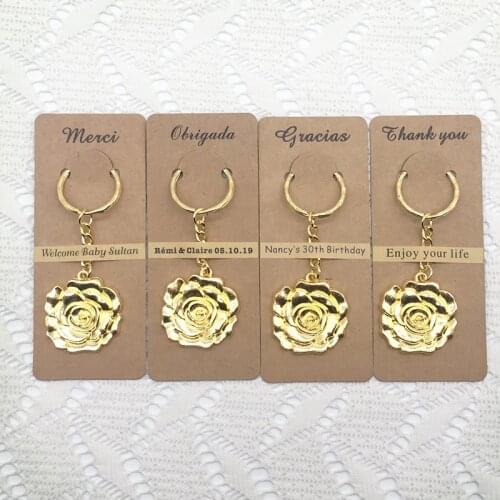 50pcs/lot Personalized Wedding Souvenirs Wedding Anniversary Gifts Birthday Party Gifts Gold Rose Keychain with Thank you Card