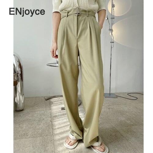 Women Vintage New Green Wide Leg Suit Pants with Belt Office Ladies High Waist Elegant Straight Trousers Spring Summer 2021