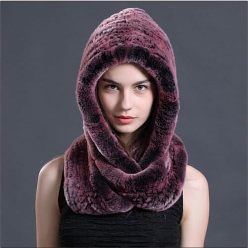 Hot Sale Winter Women genuine Fur Hat Hooded Scarf Real Rex Rabbit Fur Scarves Warm Cap