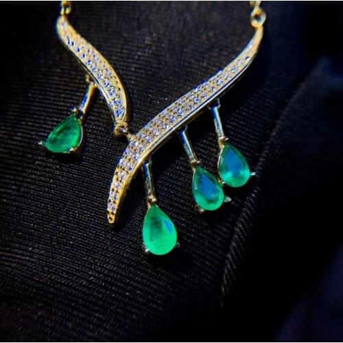 Graceful natural emerald gemstone necklace for women certified natural gem water drop style real 925 silver gold party gift