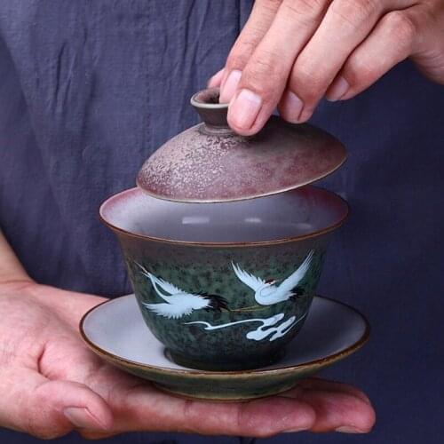 Ceramic Covered Bowl Single Teacup Retro Hand Painted Crane Kung Fu Tea Cover Saucer Set