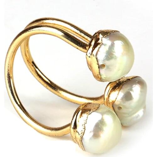 Triple big flat natural freshwater pearl bead charm gold ring gold wrap resizble open rings cuff woman girl elegant gift