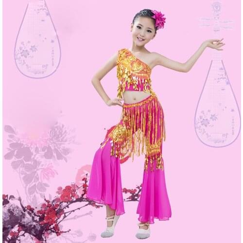 Belly Dance Tassel Suit Chinese Folk Clothing for Girls Performance Costume Childrens Sequin Skirts Dress Pants Suit 2021 New