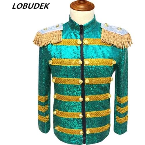 Fashion Green Sequins Jacket Blazers England Style Court Dress Men Clothing Nightclub Bar Host Singer Chorus Show Stage Costume