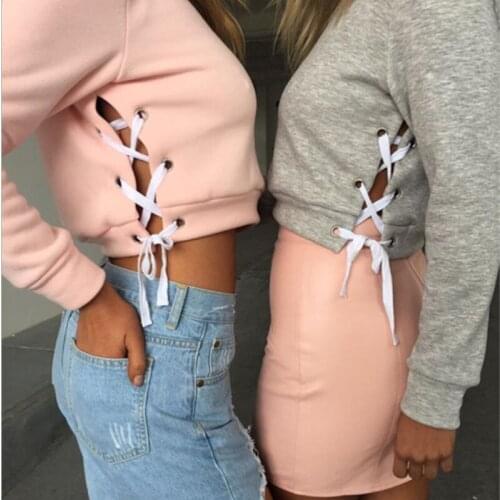 Bigsweety Fashion Women Sexy Slit Lace-up Tops Spring Autumn Pullovers Long Sleeve Crop Sweatshirt Ropa Mujer Solid Color