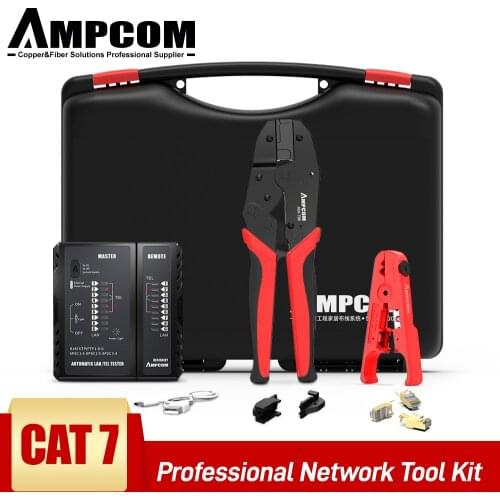 Network Tool Kit, AMPCOM Professional RJ45 tool (Cat7 Crimper, 10PCS Cat7 Connectors, Network Cable Tester, Stripping Tool)