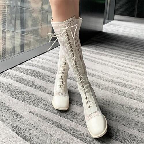 2021 Summer New Ladies Mesh Long Tube Sandals Fashionable And Comfortable Breathable Low-heeled Womens Shoes Genuine Leather