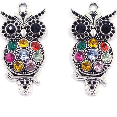 1Pc Pendant Rhinestones Owl Animal Metal Silver Tone Cute Colourful Jewelry DIY Findings Charms 4.7x2.3cm(1 7/8"x7/8")