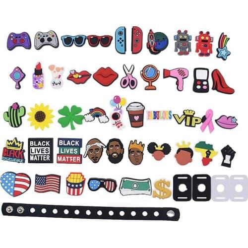 Hot Sale PVC Shoe Charms BLM Cosmetic Sunflower New Designs For Shoe Decro 46pcs Charms +4pcs Shoe Lace Adapter+1pcs Wrist band