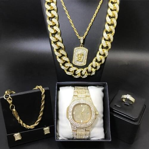 Luxury Men Gold Watch Hip Hop Men Cuban Necklace Men Watch & Necklace &Braclet & Ring &Earrings Combo Set Ice Out Cuban For Men