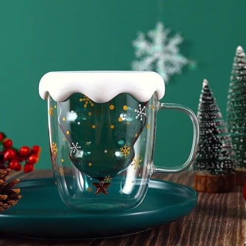 Christmas Glass Cup Anti-Scalding Christmas Tree 300ml Mugs With Cover ChildrenS Gift Transparent Souvenir Festival Tableware