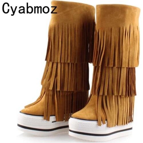 Newest suede Martin boots Women Genuine Leather tassel height increasing 13cm elevator boots Top quality fashion platform shoes