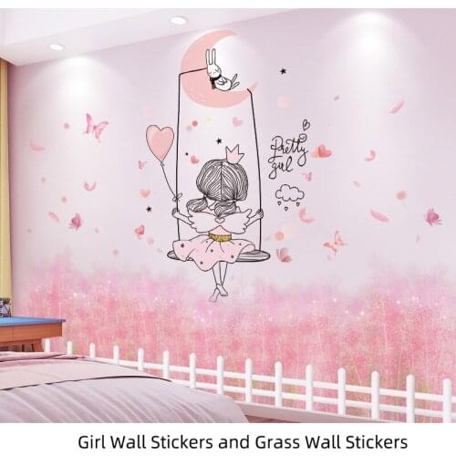 [shijuekongjian] Cartoon Girl Wall Stickers DIY Chaotic Grass Plants Mural Decals for Kids Rooms Baby Bedroom House Decoration