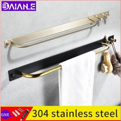 Bathroom towel bar black 304 stainless steel wall mounted adhesive Towel bar hooks creative shower modern towel holder