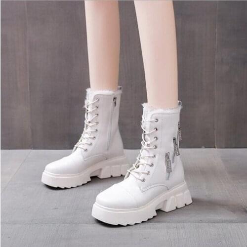 Thick sole fashion leather white snow boots women shoes for female casual 2020 warm plush waterproof botines mujer femmes bottes