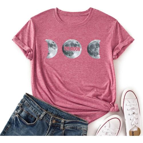 Women Crew Neck Short Sleeve Casual Summer T-shirts Moon Graphic Tee Shirts Tops Female Clothes Streetwear Shirts