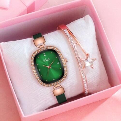 Women Vintage Oval Simple Watches Fashion Luxury Leather Ladies Rhinestone Quartz Bracelet Watch Set Gift Clock Reloj Mujer