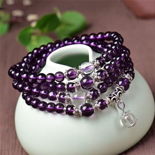 Womens Bracelet Purple Crystal Bead Amethysts Bracelet Beads Necklace Yoga Stone Bracelet For Women Lotus Energy Jewelry
