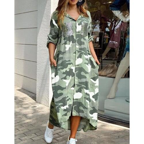 2020 Women Elegant Fashion Long Sleeve Denim Button Front Shirt Dress Camouflage Print Sequins Pocket Design Maxi Dress